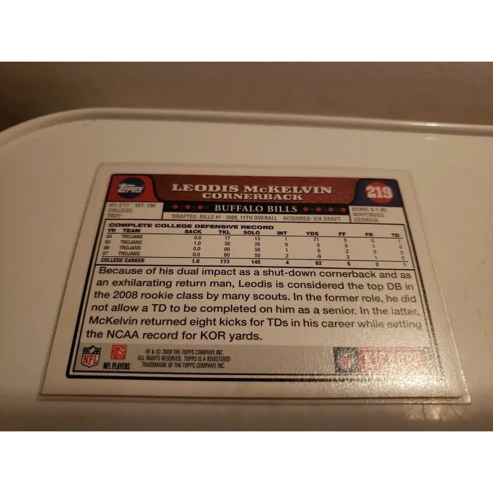 Leodis McKelvin 2008 Topps #219 - Rookie Card - Buffalo Bills - NFL